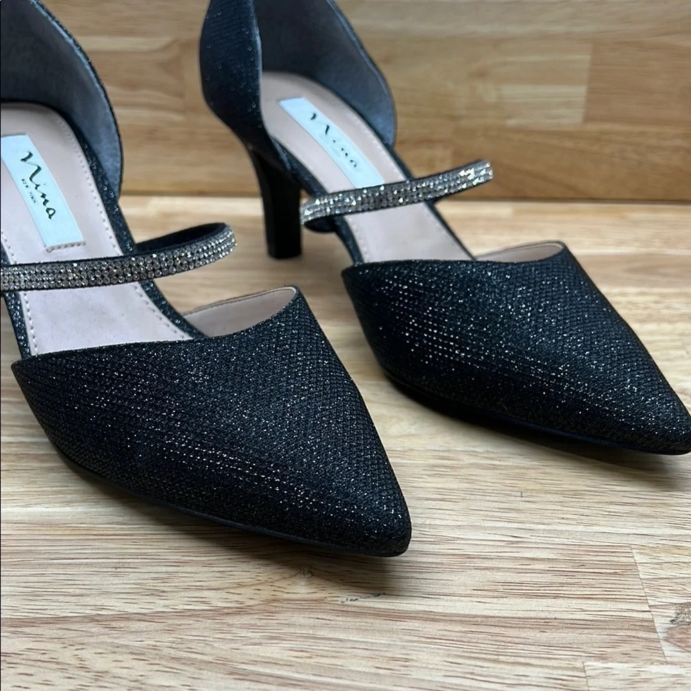Nina 8.5 Black Glitter Brystol Black Metallic Crystal Band Women's Mid Heel Pump